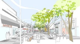 An artist&rsquo;s impression of how Sydney Road will look when the Manly2015 vision is achieved with pedestrian areas and outdoor dining dominating rather than cars.