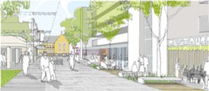 An artist&rsquo;s impression of a new-look Short Street plaza opening up the view down towards St Mary&rsquo;s Catholic Church on Raglan street