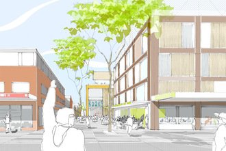 An artist's impression of how the Whistler street area will look after Manly2015 - a view looking down market lane from Whistler Street
