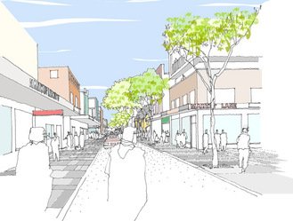 An artist's impression of how the Whistler street area will look after Manly2015 - a view looking down market lane from Whistler Street